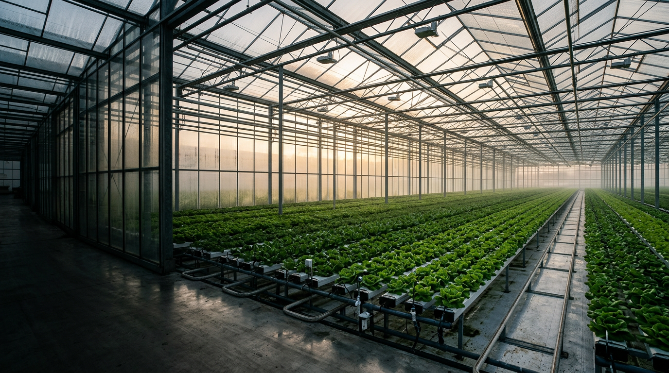 Greenhouse plants growing in precise rows